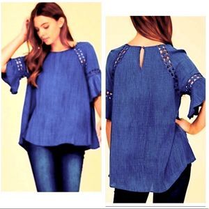 NWT! BOUTIQUE LILA - INDIGO LACE INSET TEXTURE TOP-SIZE LARGE
